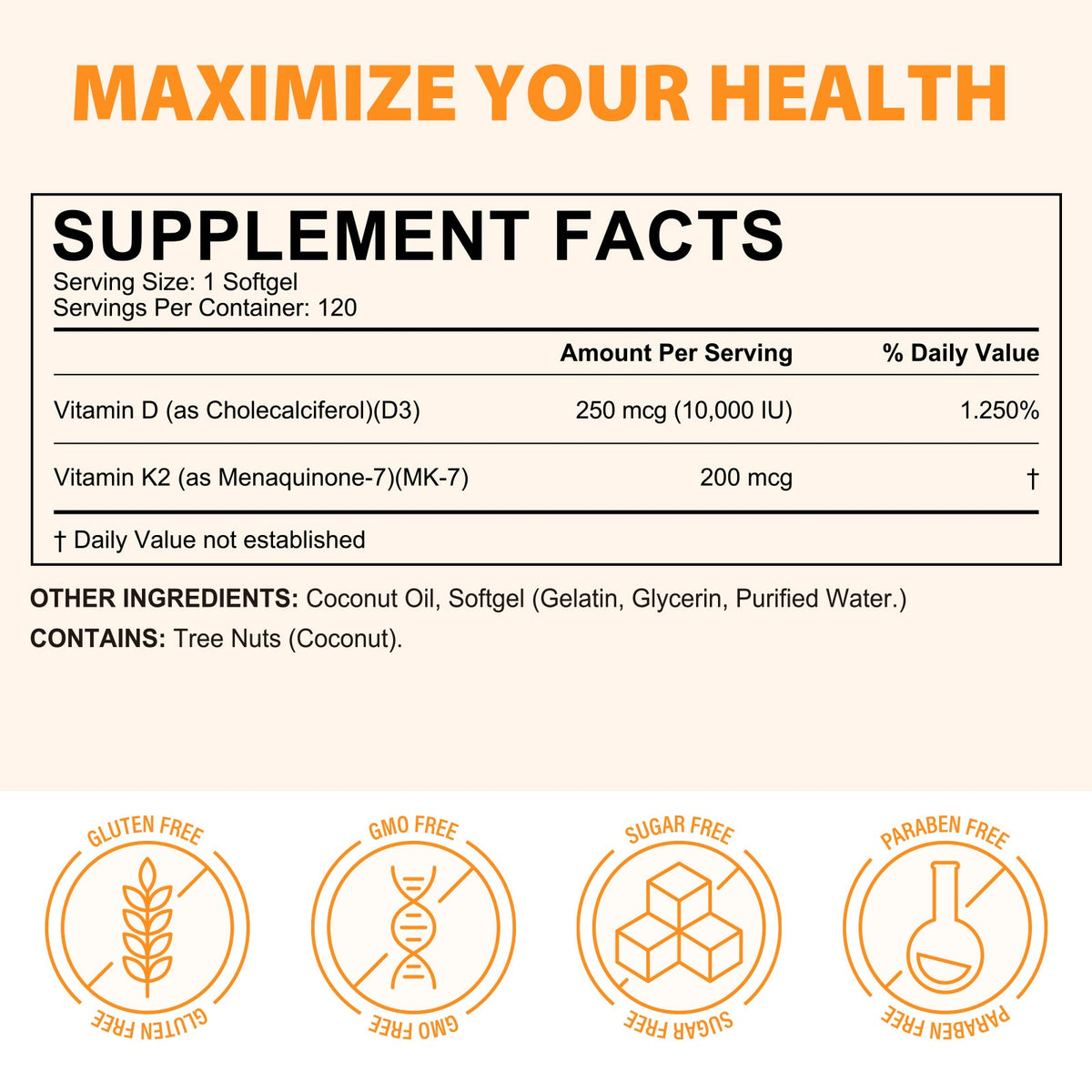 Acential Labs Vitamin D3 and K2 supplement facts showing 10,000 IU D3 and 200 mcg K2 per softgel