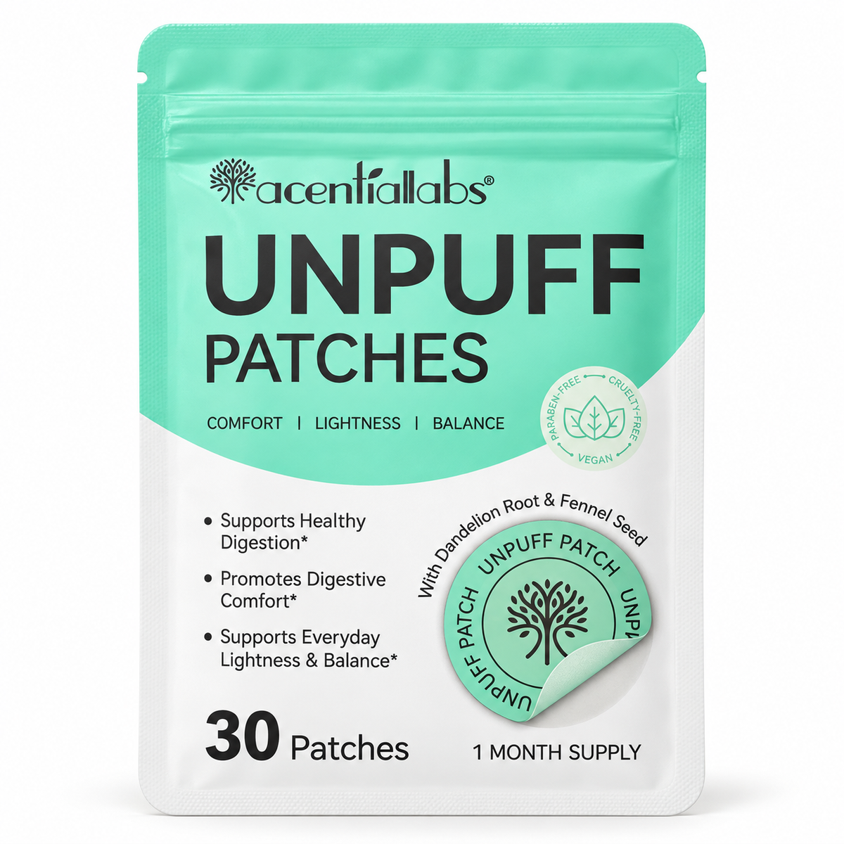 Acential Labs Unpuff Patches 30 pack, front pouch on white background