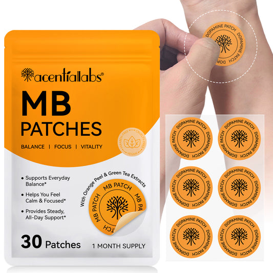 Acentialabs MB Patches pouch beside a sheet of orange round patches
