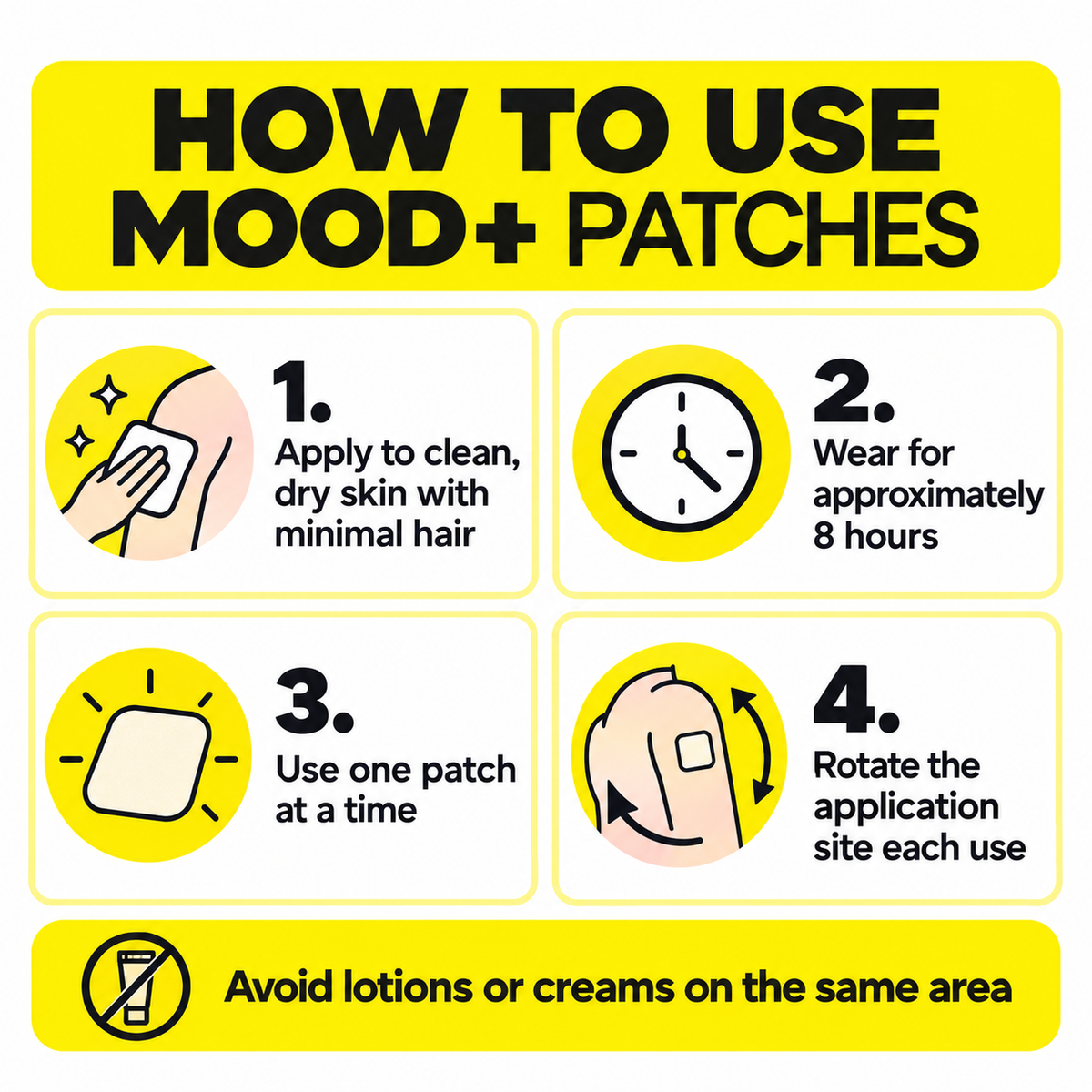 How to use Mood+ patches: apply to clean dry skin, wear for approximately 8 hours, use one at a time, rotate the site and avoid lotions or creams