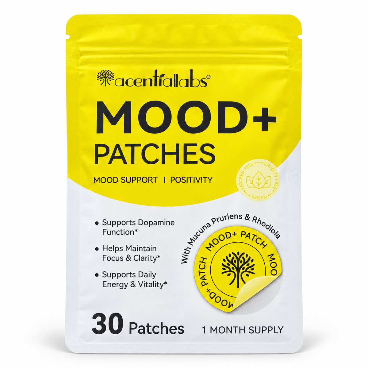 Acentiallabs Mood+ Patches 30 pack on a clean white background