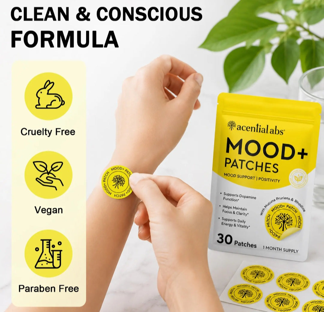 Demonstration image of a person applying an Acentiallabs Mood+ patch