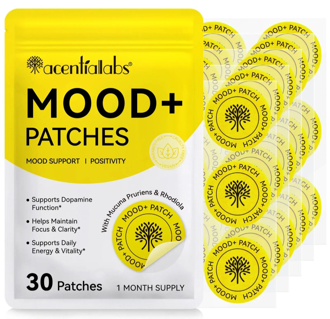 Acentiallabs Mood+ Patches pouch with 30 patches and loose patch stickers