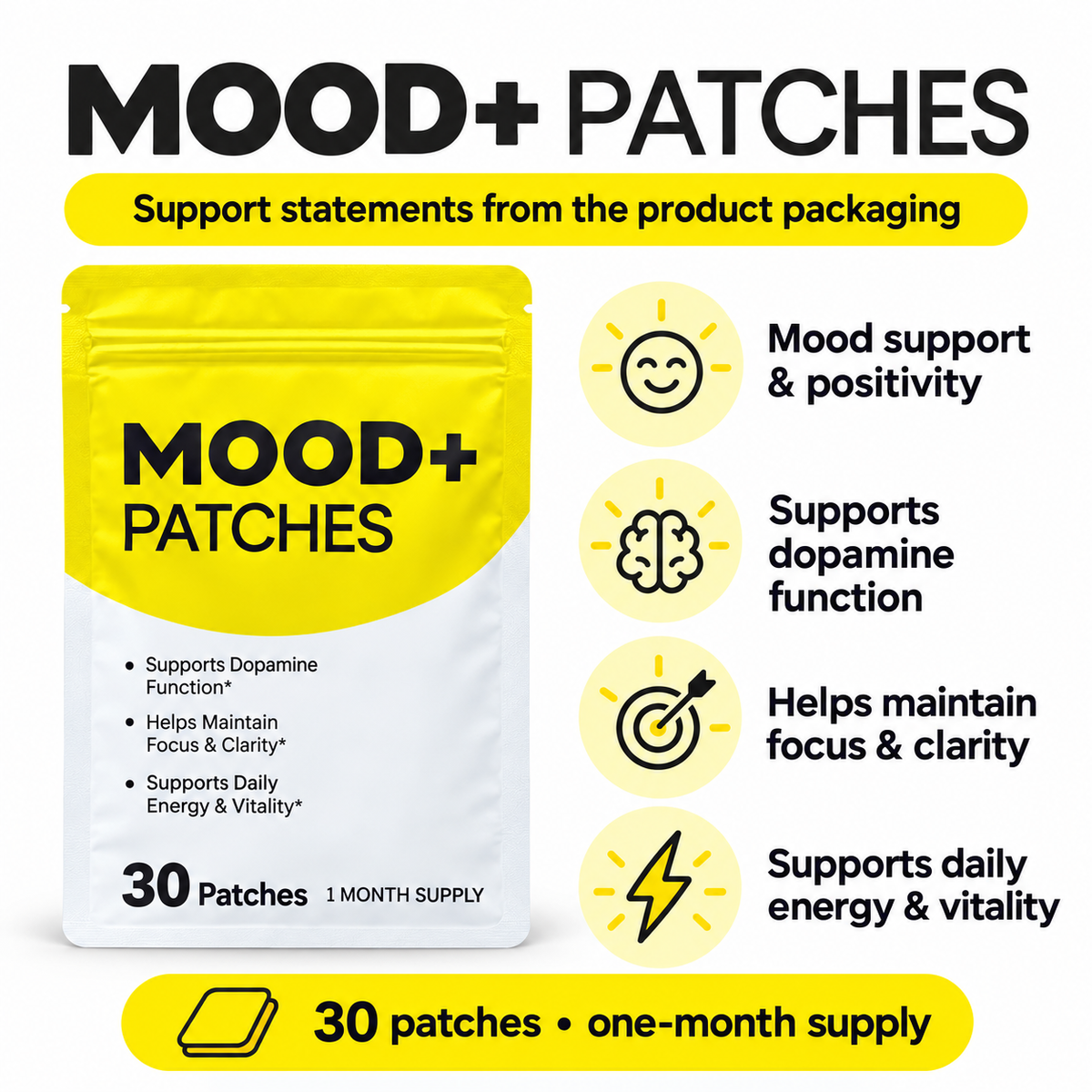 Mood+ packaging support statements: mood support and positivity, dopamine function, focus and clarity, and daily energy and vitality