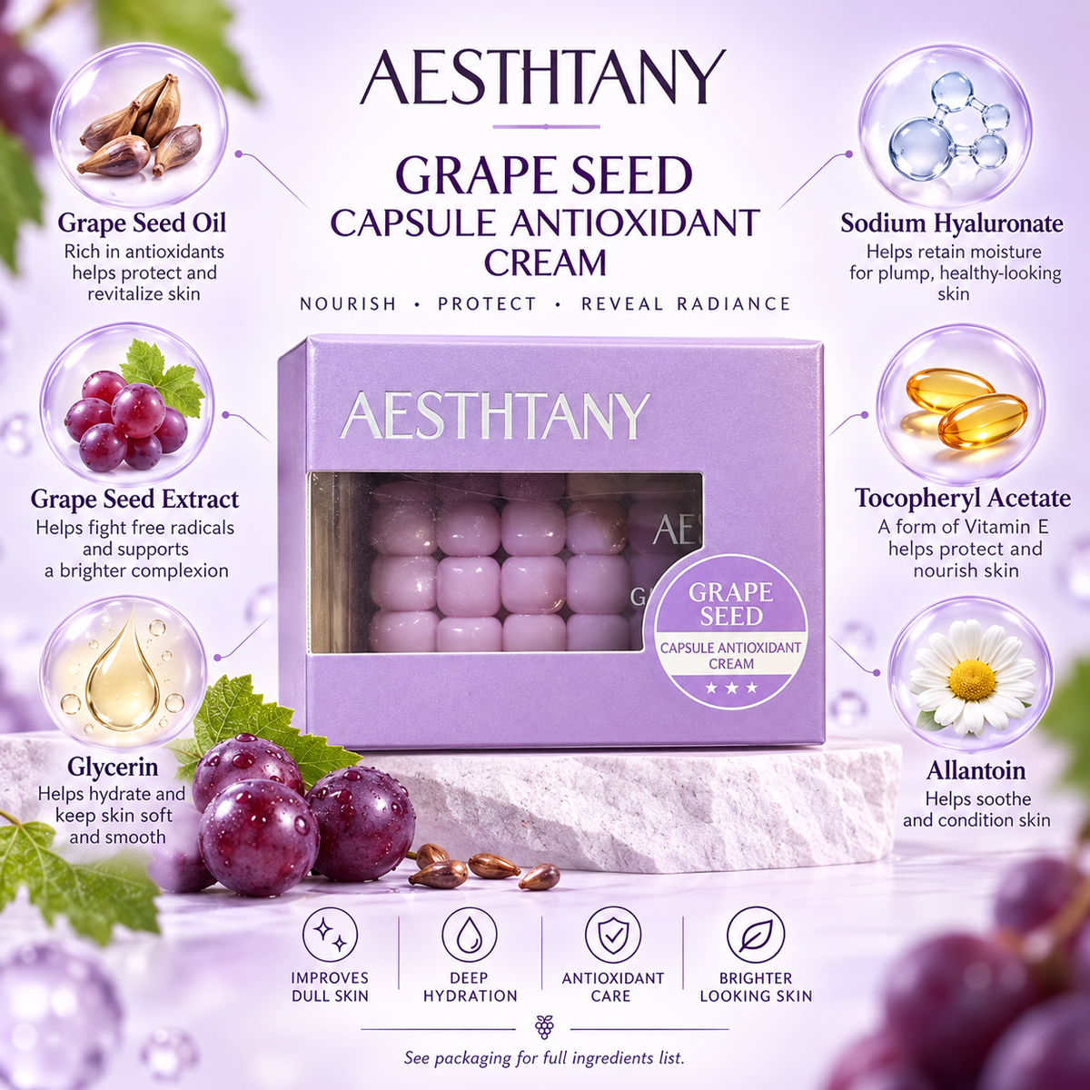 AESTHTANY Grape Seed Capsule Cream 65g feature and packaging guide