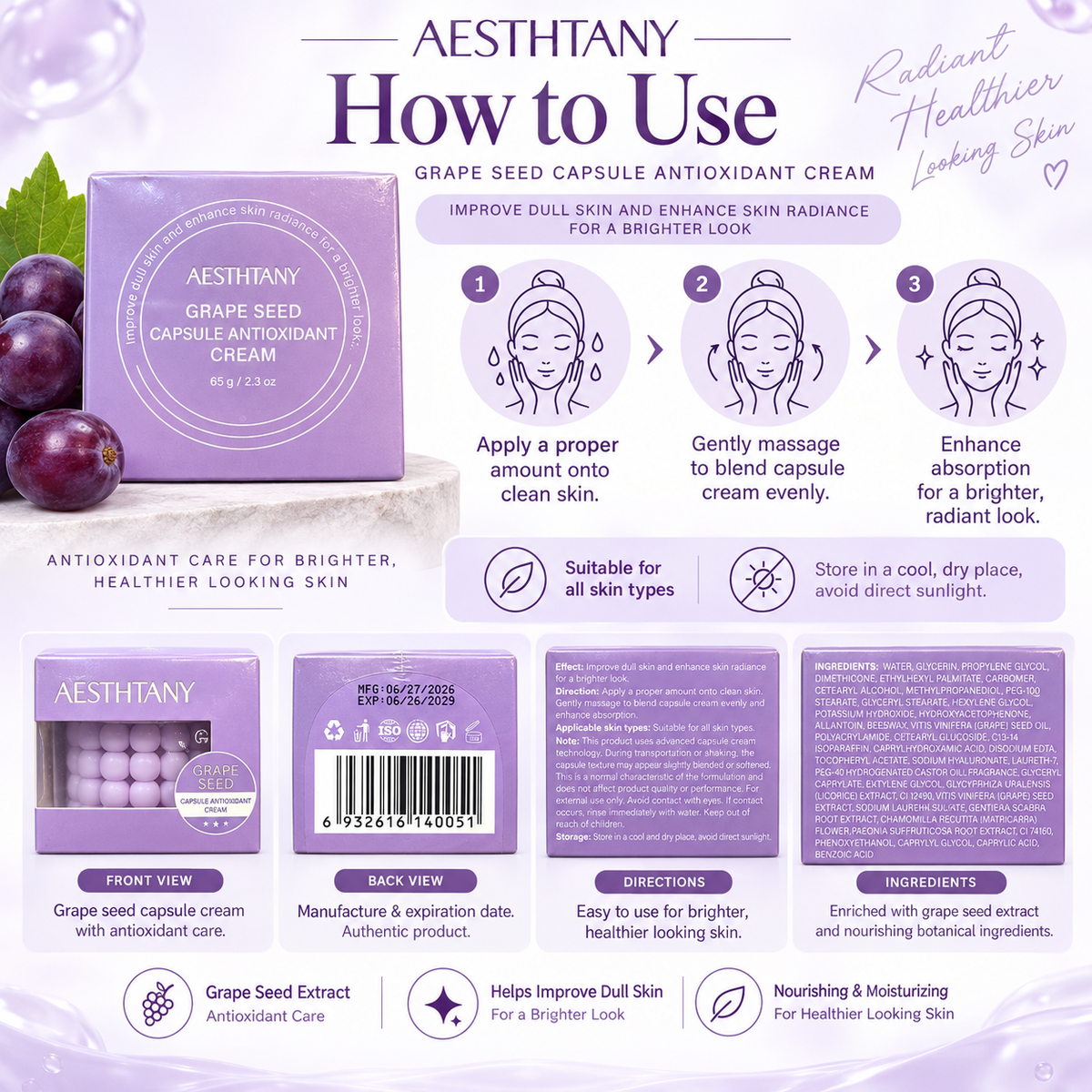 AESTHTANY Grape Seed Capsule Cream 65g how to use guide