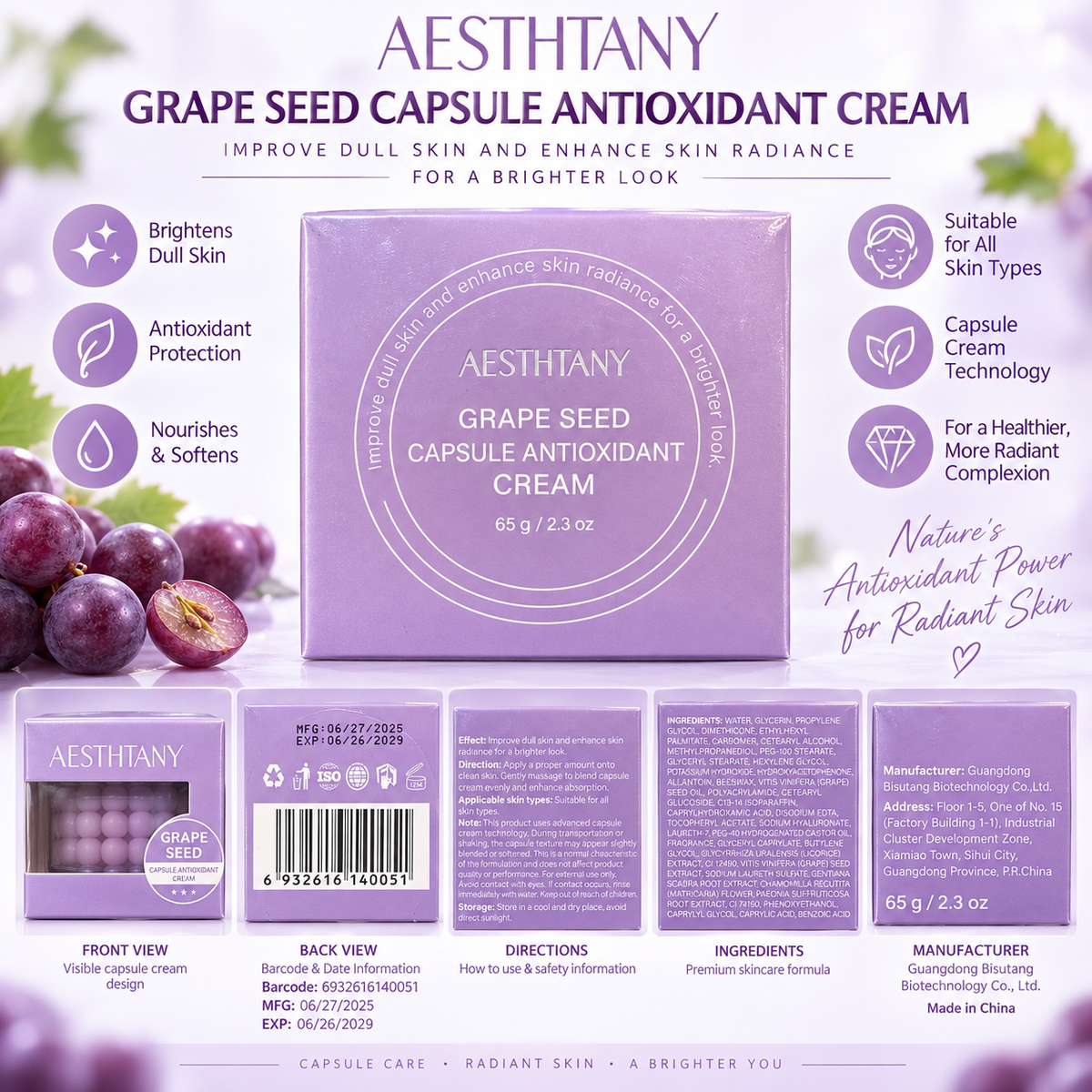 AESTHTANY Grape Seed Capsule Cream 65g ingredients infographic