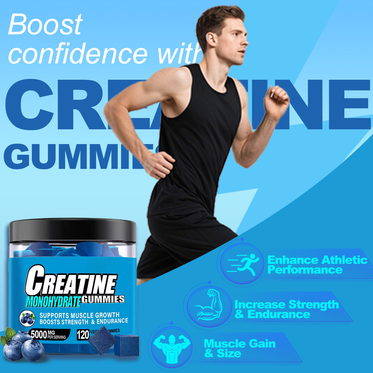 Blueberry creatine gummies jar beside a runner in supplier promotional artwork