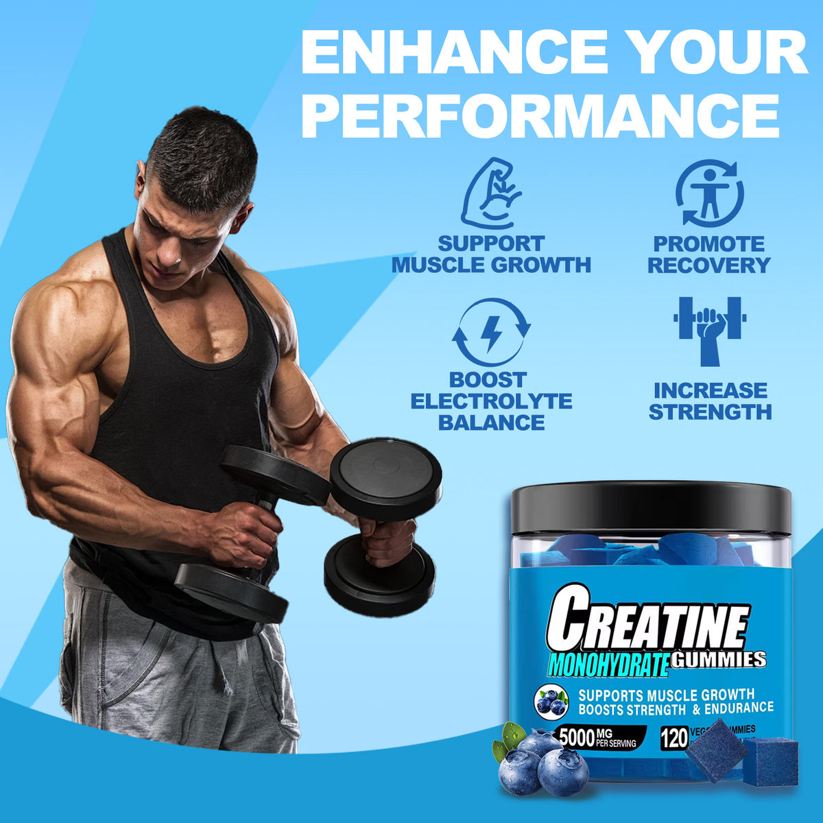 Blueberry creatine gummies jar beside a man lifting a dumbbell in supplier promotional artwork