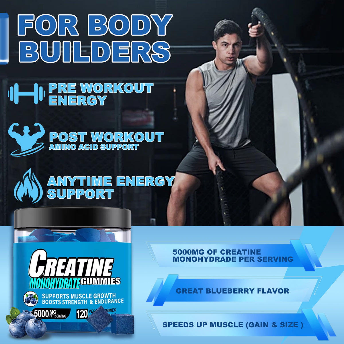 Blueberry creatine monohydrate gummies jar in supplier workout promotional artwork
