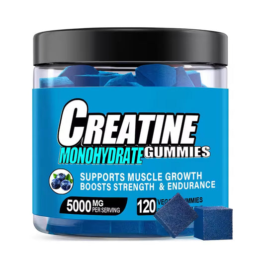 Blueberry creatine monohydrate gummies 5000mg per four-gummy serving, 120-count jar and blue gummies on white background