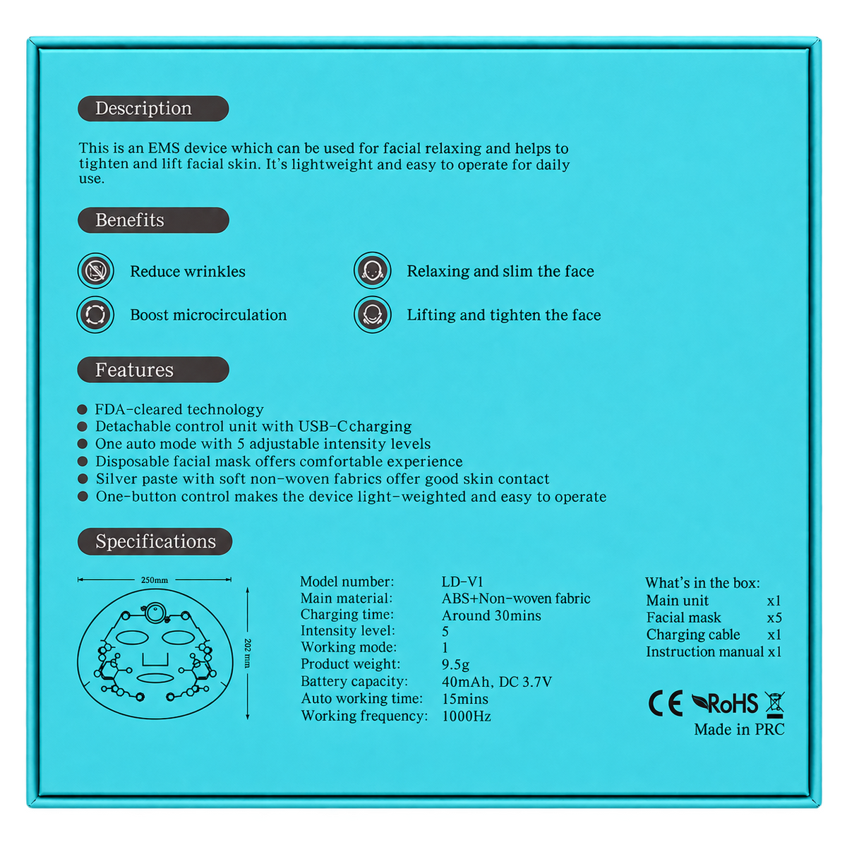 DermaLift EMS Facial Mask Air LD-V1 rear packaging specifications with background removed