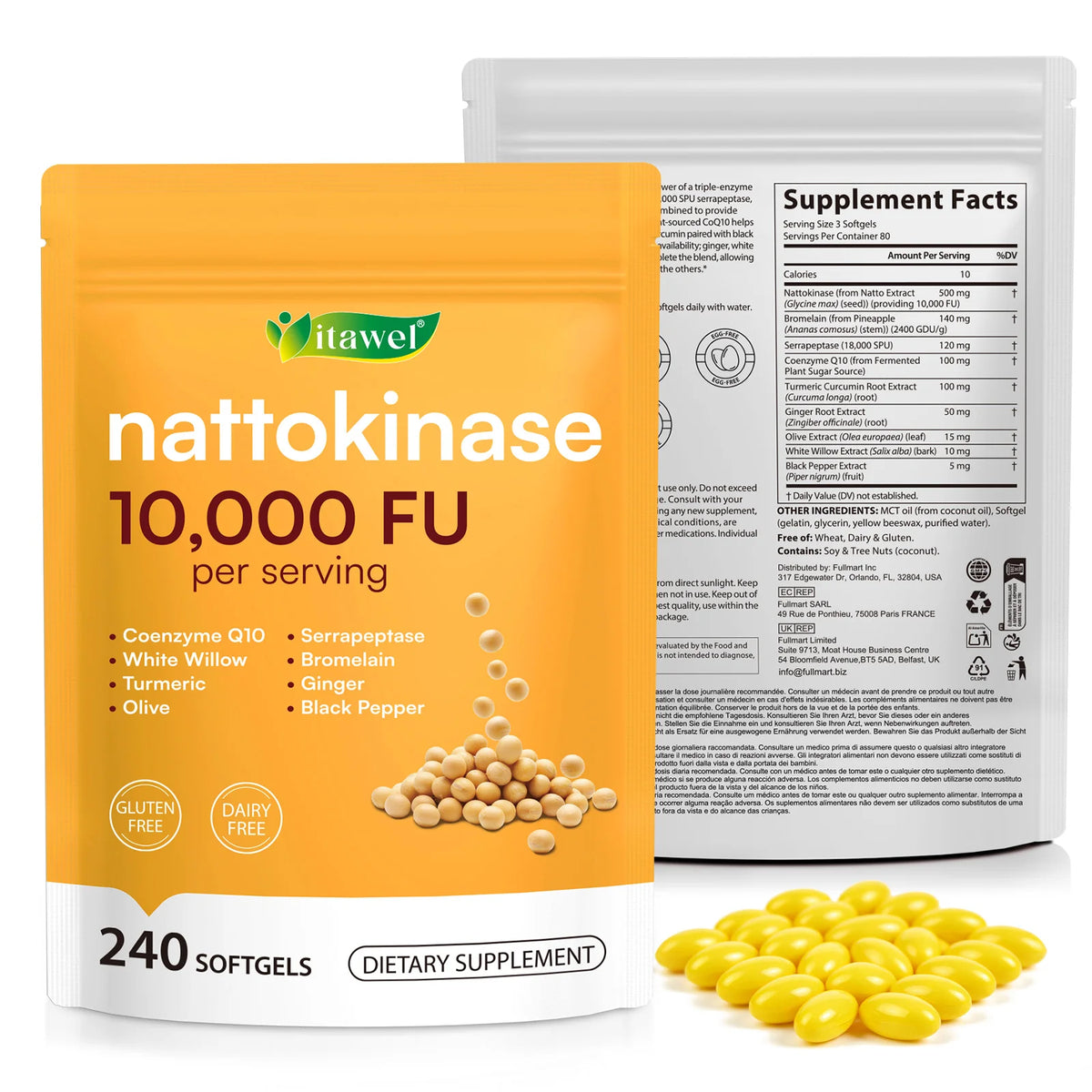 Itawel Nattokinase front and back packaging with supplement facts