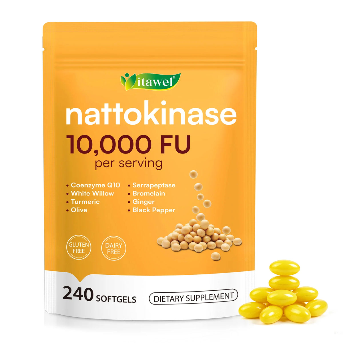 Itawel Nattokinase 10,000 FU 240 softgels product presentation