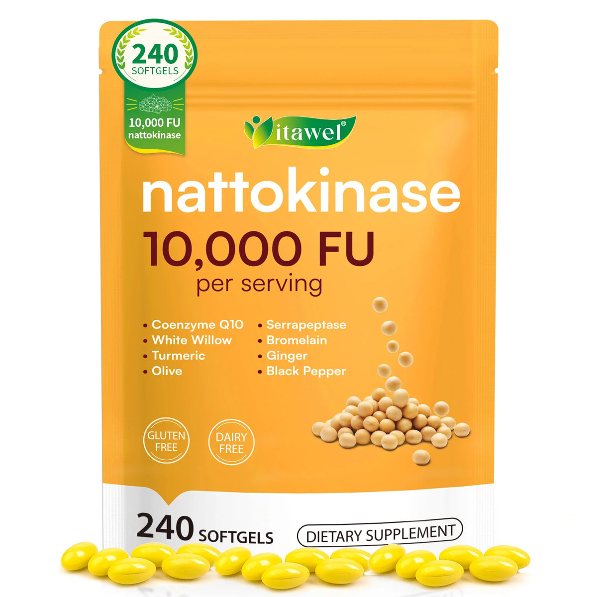 Itawel Nattokinase 10,000 FU pouch with softgels