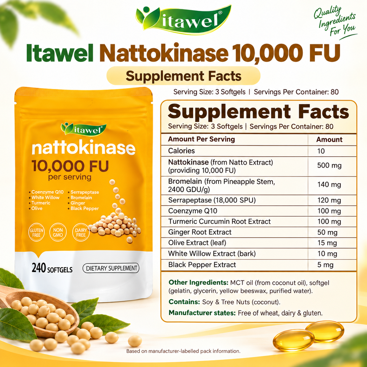 Itawel Nattokinase 10,000 FU supplement facts infographic