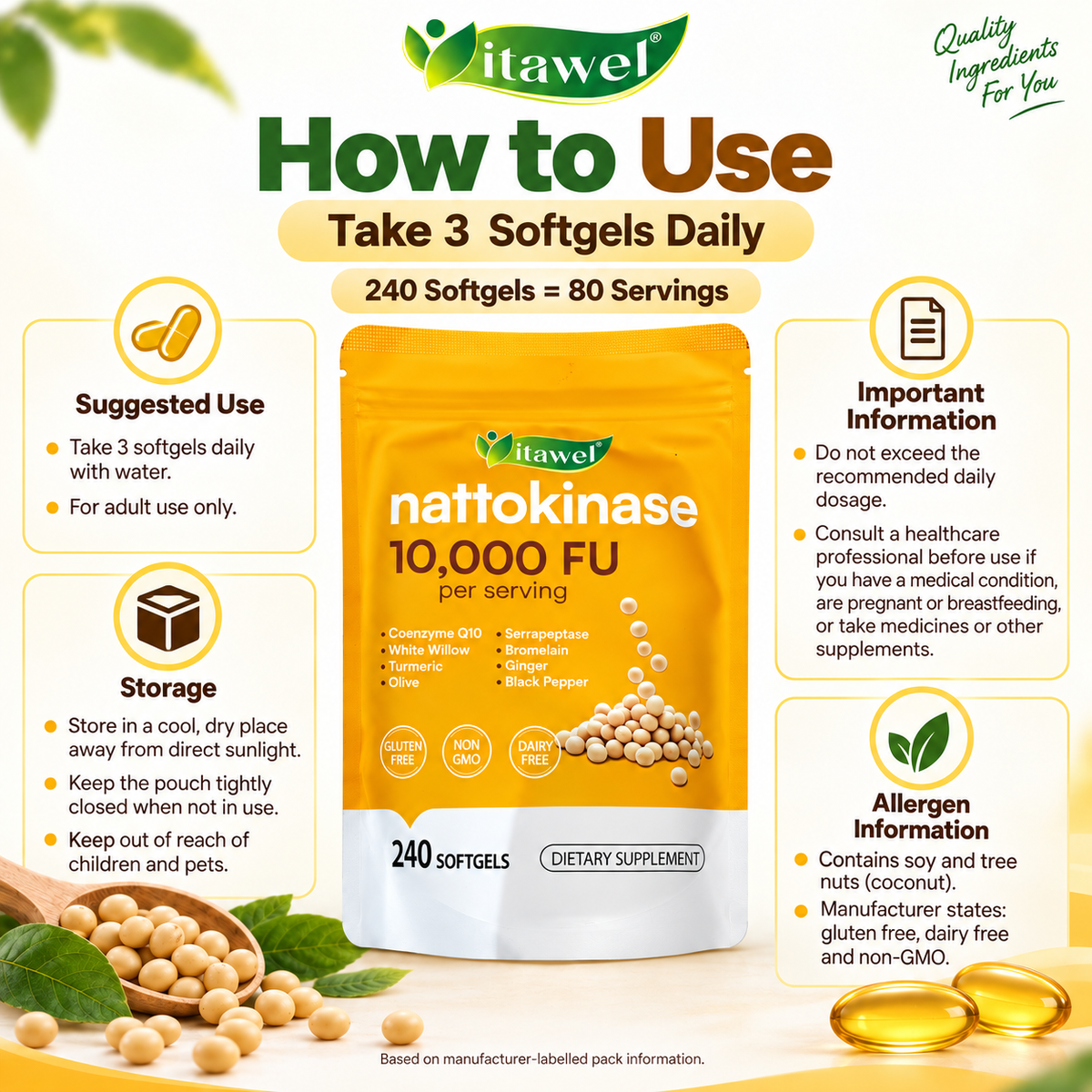 Itawel Nattokinase 10,000 FU usage and important information infographic
