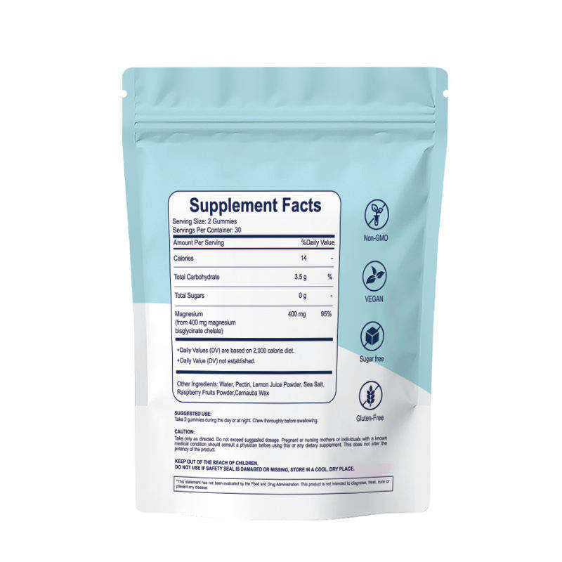 Magnesium bisglycinate gummies back of pouch ingredients and suggested use
