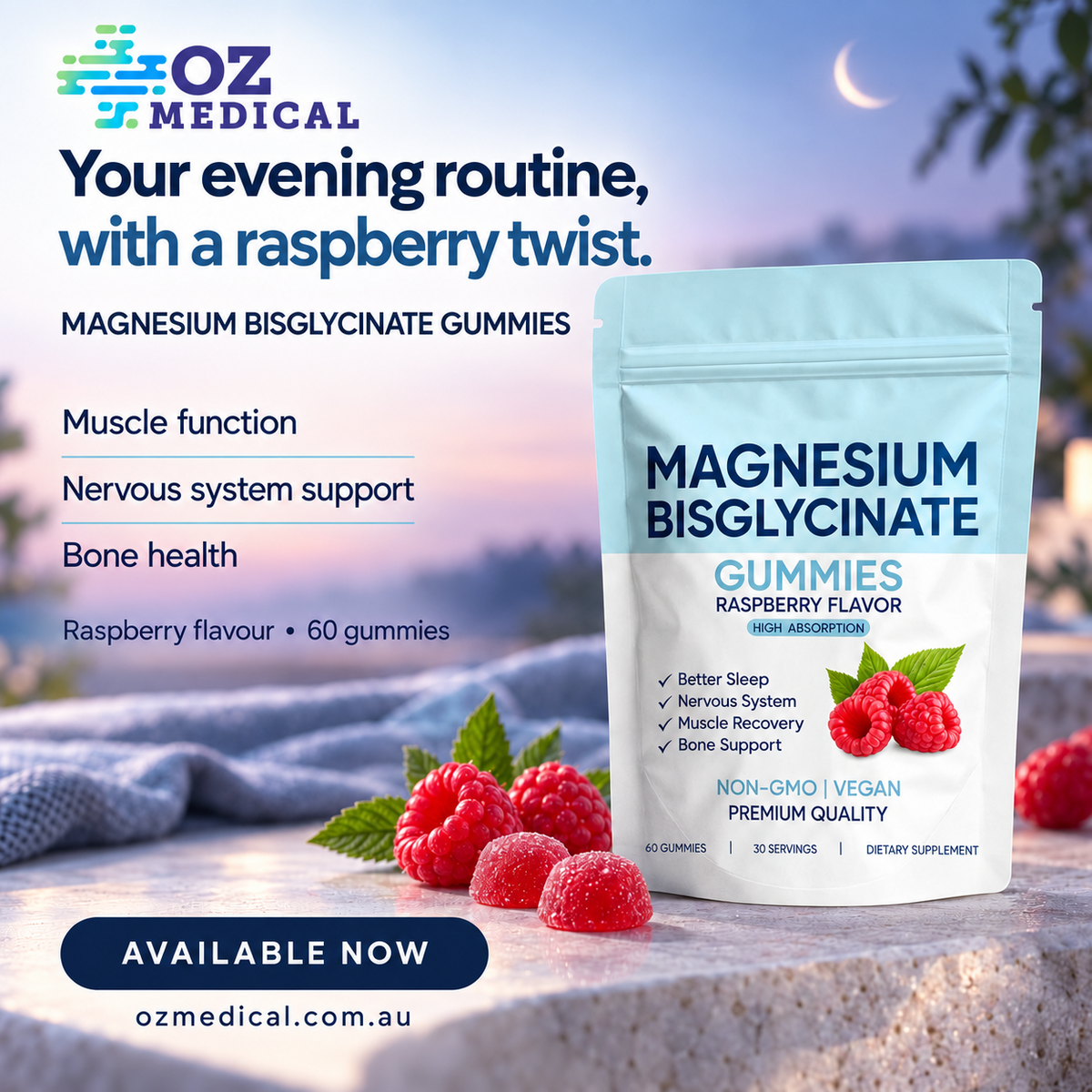 Oz Medical raspberry magnesium bisglycinate gummies with muscle, nerve and bone health information