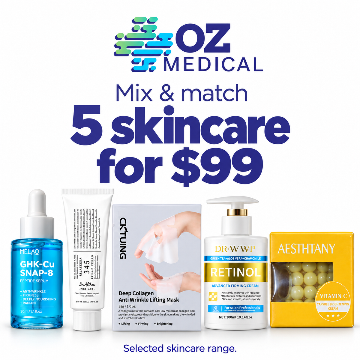 Oz Medical mix and match five selected skincare products for $99; pictured products are examples
