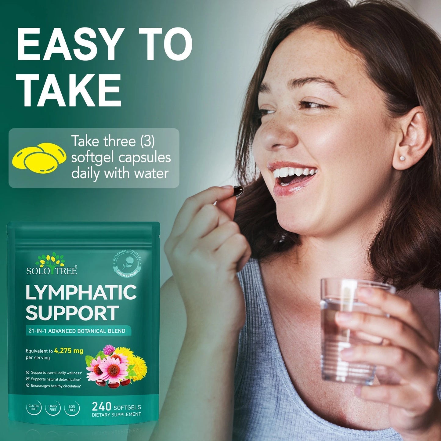 SOLOTREE Lymphatic Support Supplement 21-in-1 Botanical Complex – 240 Softgels