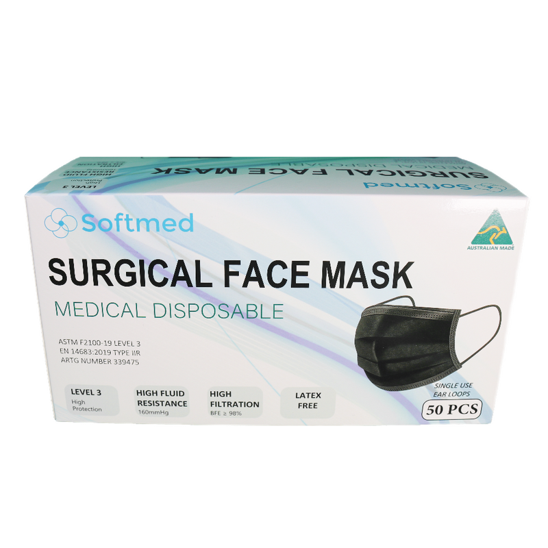 Softmed Surgical Face Masks, 50 Pack - Black – Oz Medical Supplies