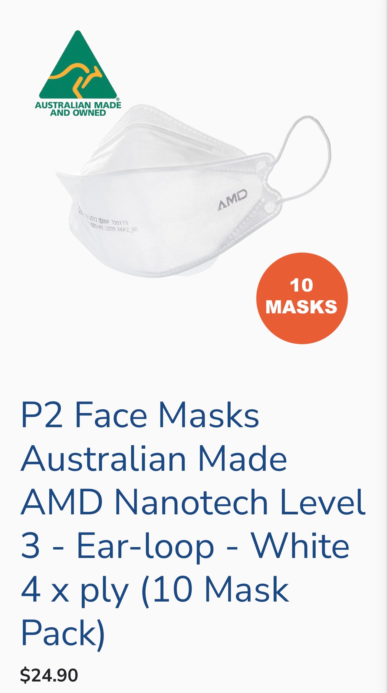 AMD P2 Level 3 Face Masks - White 4 x Ply (10 Masks)